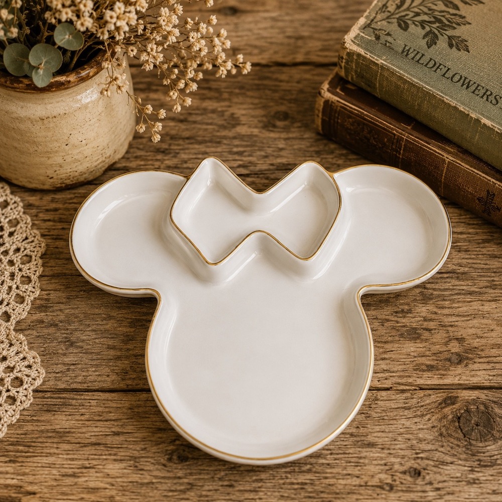 Disney Minnie Mouse Ceramic Trinket Tray White Gold Rim Jewelry Dish FAC0-7996-9